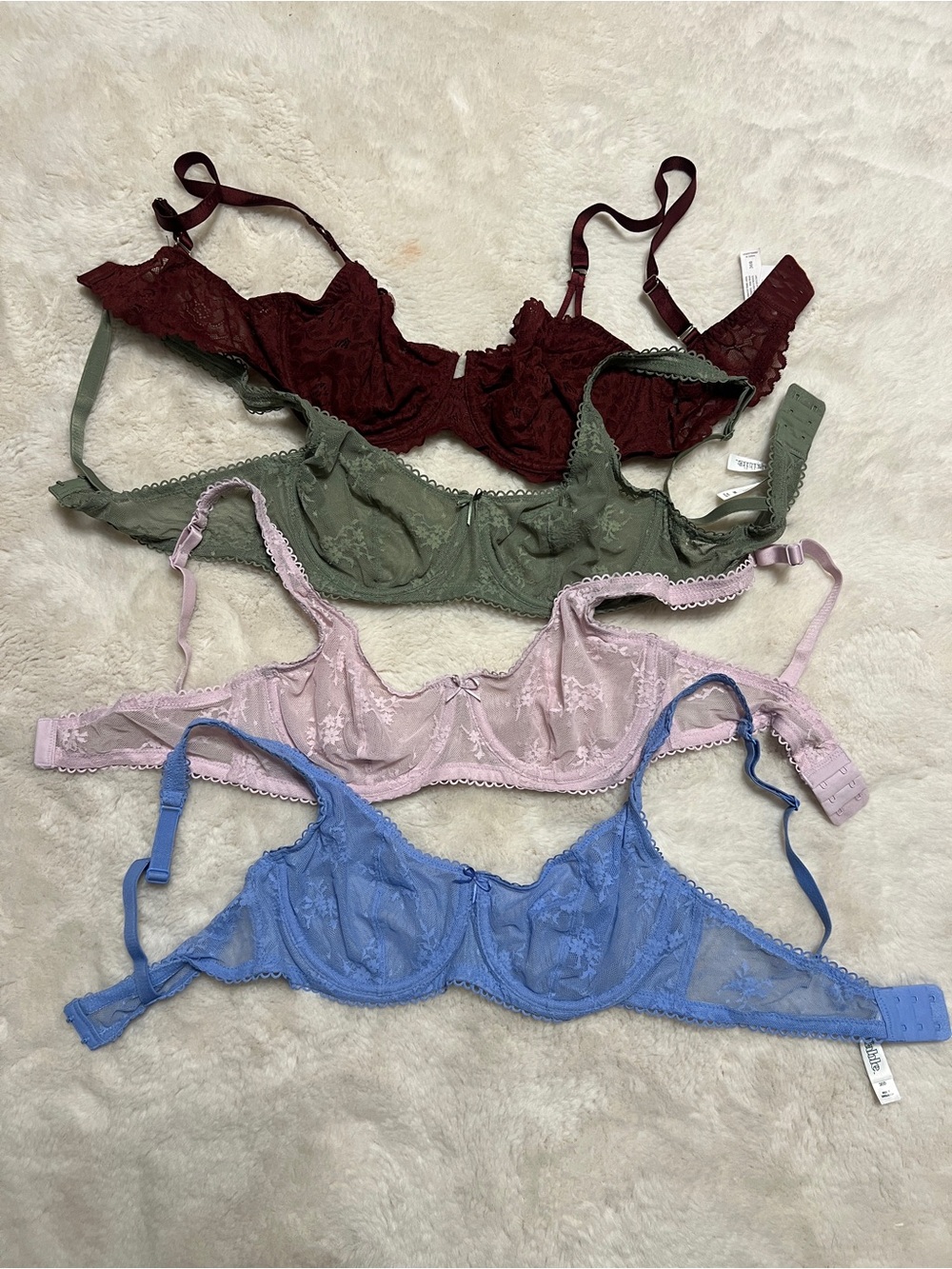 Set of 4! Wild Fable + Auden Lace Underwire Bra Lot Burgundy, Green, Pink & Blue